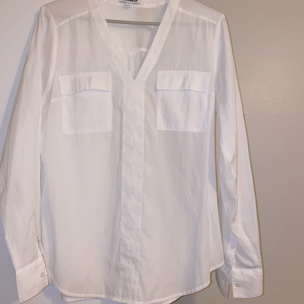 Express White Cotton Long Sleeve Pocket Blouse